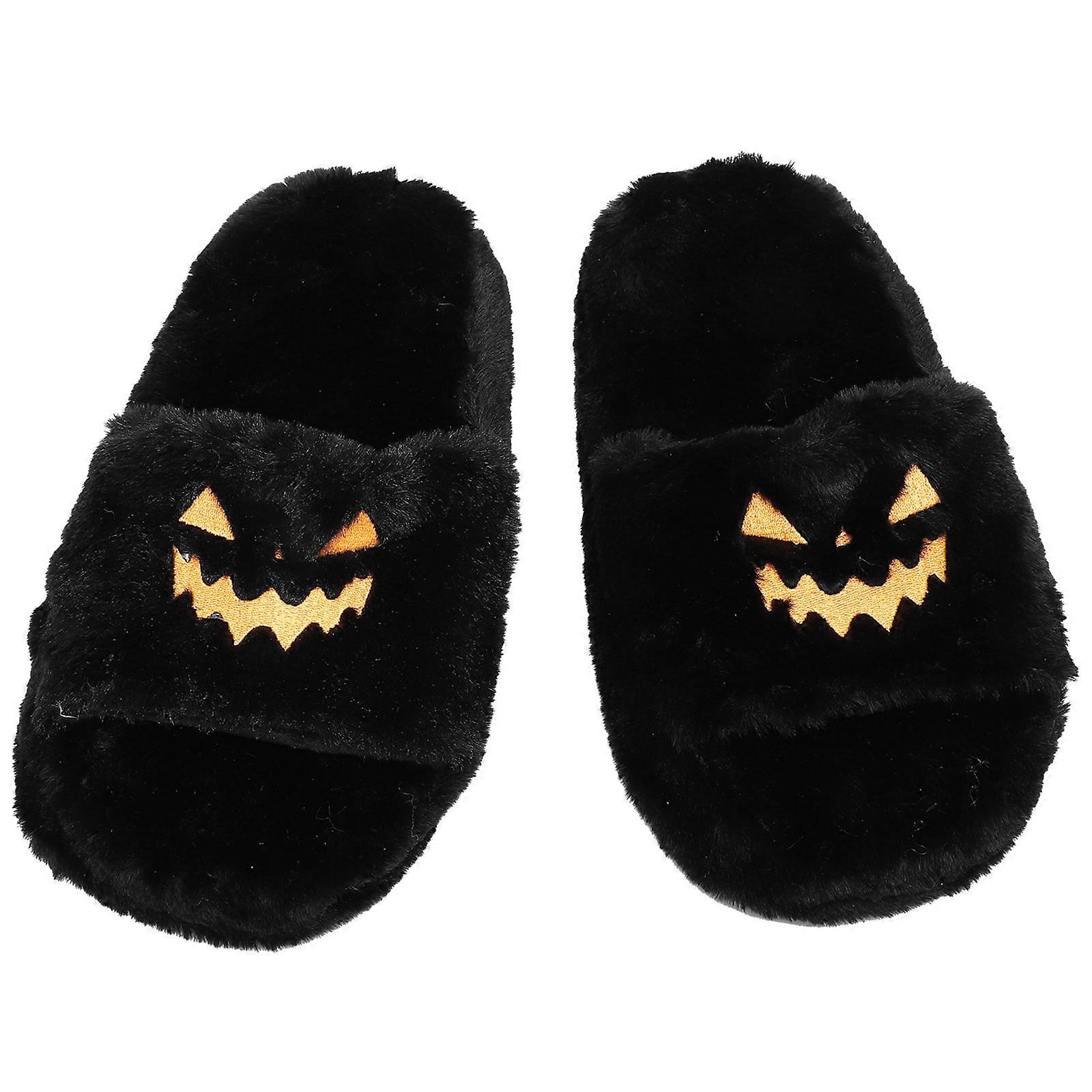 Washable Guest Slippers Plush Home Shoes Halloween Theme Black Rubber Comfort Warm 1 Pair