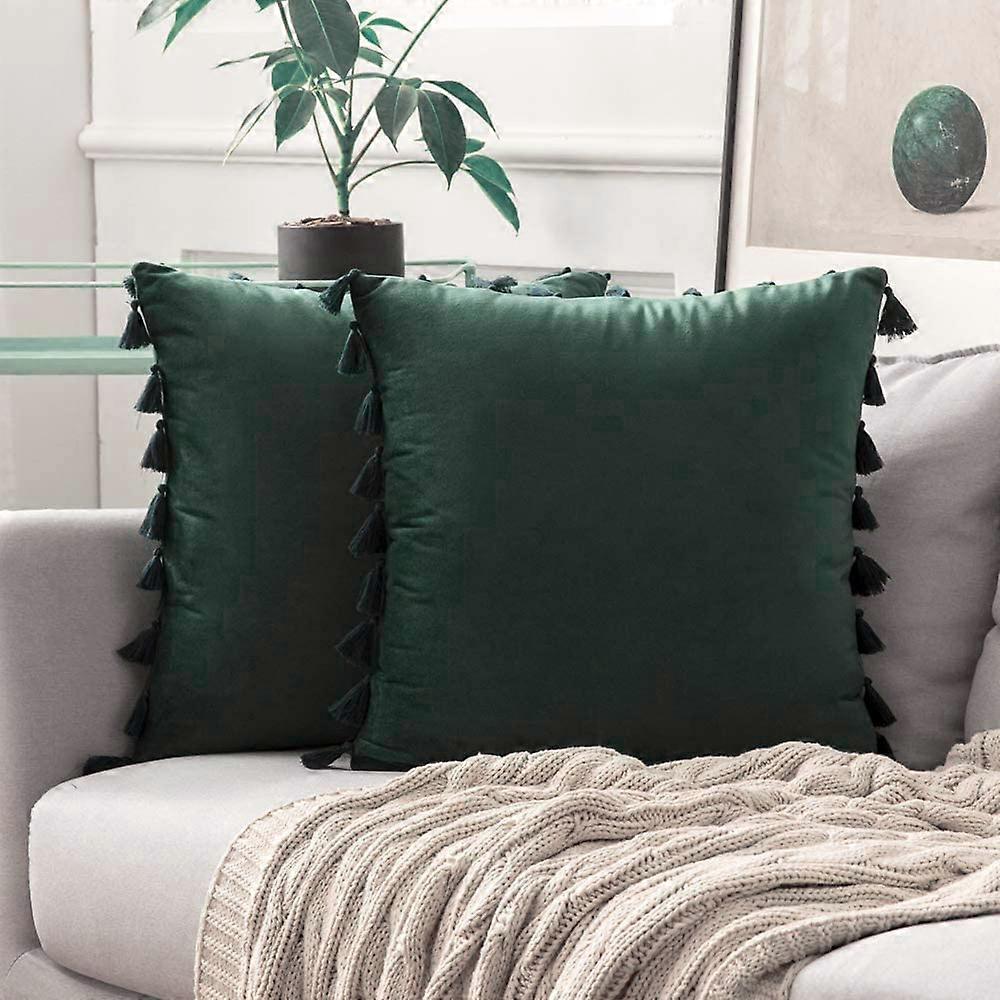 Pack Of 2 Velvet Soft Solid Decorative Throw Pillows With Tassels Fringe Boho Accent Cushion For Couch Sofa Bed, Army Green