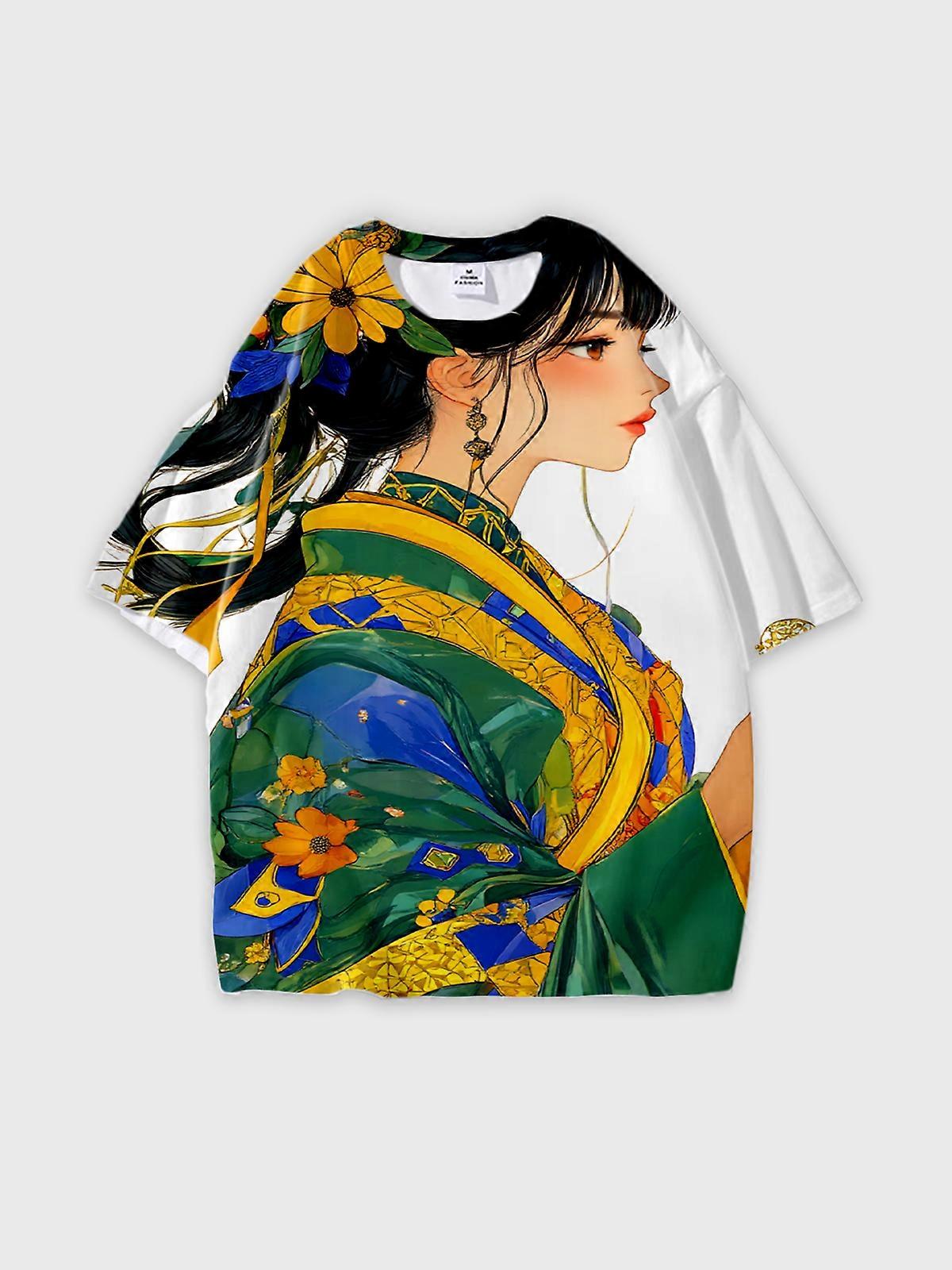 T-Shirt Round Neck, Loose Short Sleeve Pattern Graphic Tee, Unisex Summer Casual Top W2194