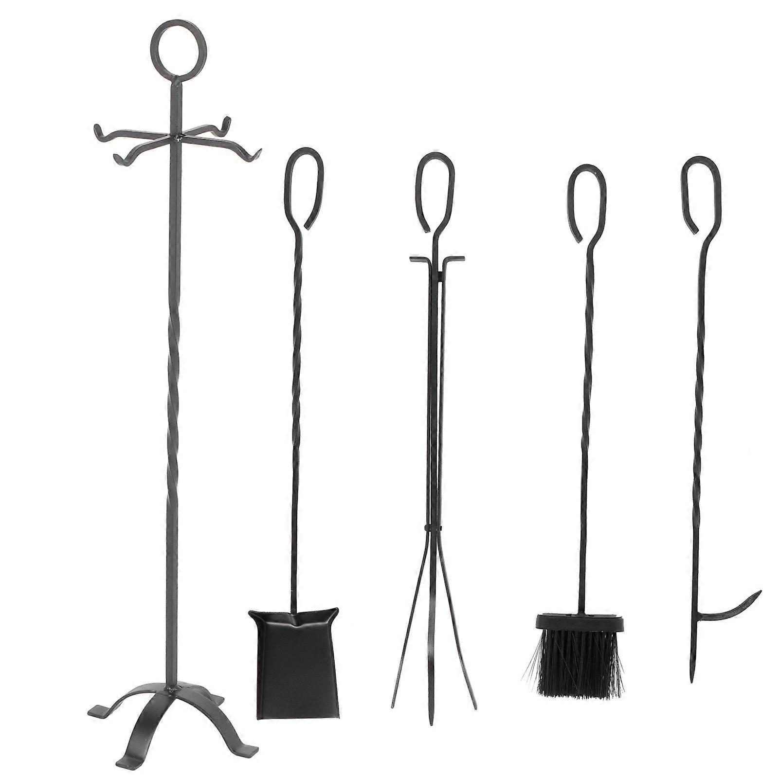 5Pcs/Set Fireplace Tools Kit Wrought Iron Brush Shovel Tong Poker with Storage Stand Accessory