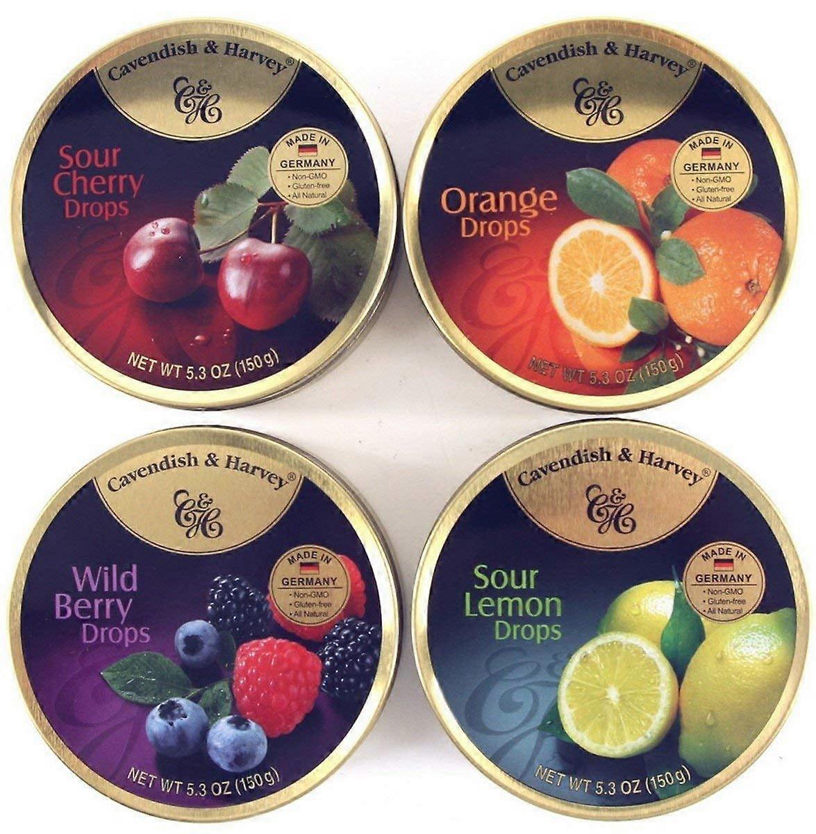 Variety Flavor Hard Candy Drops  Orange, Wild Berry, Sour Lemon,  Sour Cherry  5.3 Ounce Tins - 4 Pack