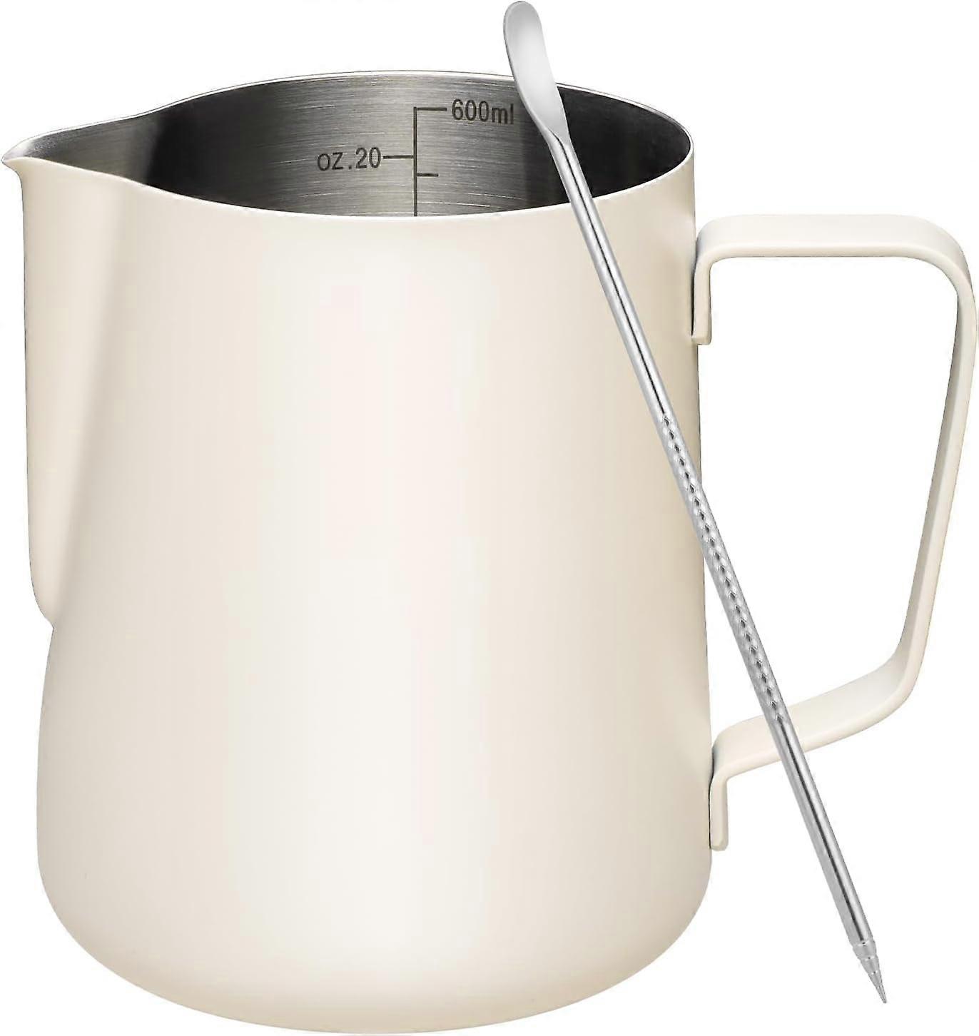 Milk Frothing Pitcher 20oz with Clear Scale, 304 Stainless Steel Cappuccino Cup for Espresso Machine, Latte Art Pen Included, White