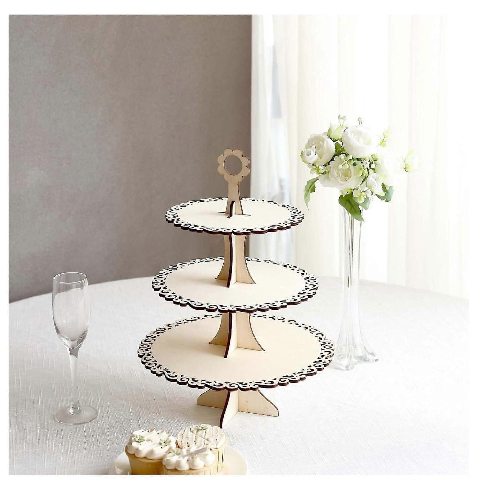 Efavormart 3-Tier Natural Wooden Cupcake Dessert Display Stand with Floral Edge, Rustic Round Cake Stand Table Centerpiece - 16"
