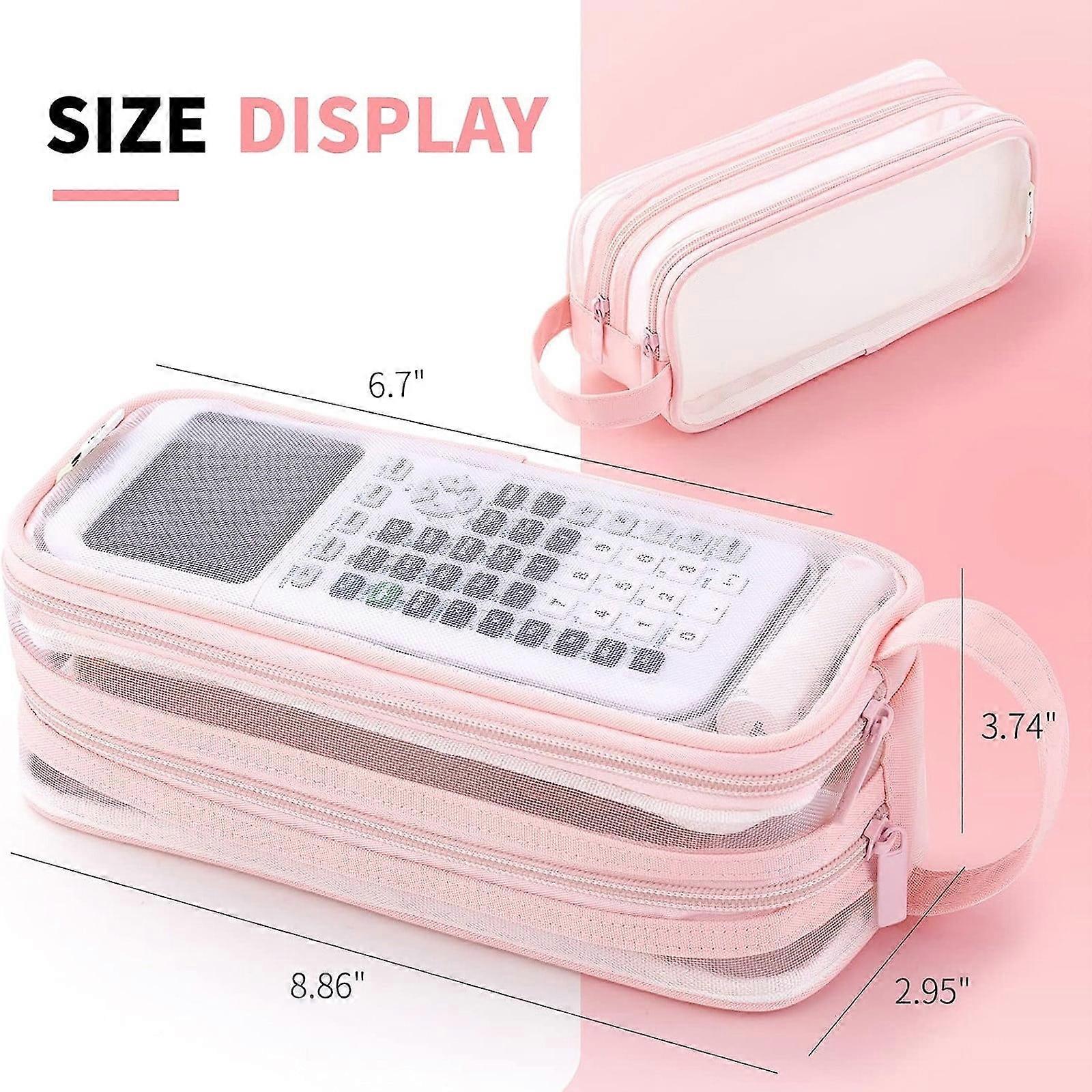 Blasgw Large Mesh Mesh Case With 2 Compartments, Multifunction Transparent Handheld Bag For Pencils, Transparent Makeup Bag For Teens, Students Pink