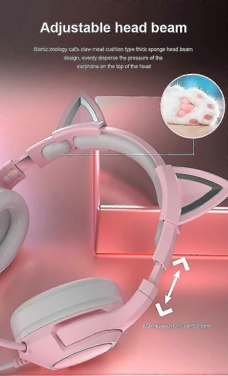 Pink Gaming Headset With Retractable Mic, Cat Ears, Detachable Headset, 7.1 Stereo Led Light(pink)
