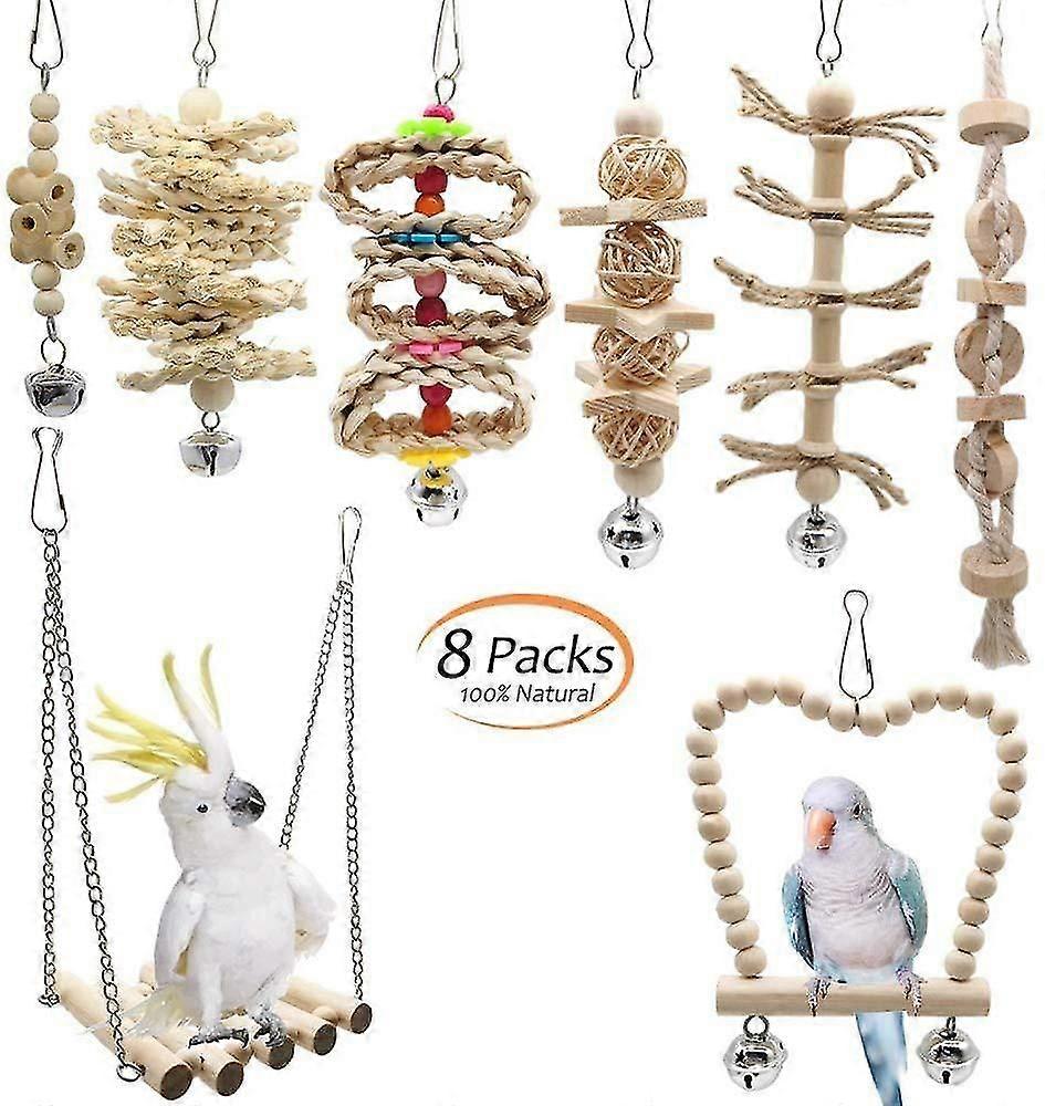 オウムバドギーズコッカティエルカナリアのための8木製スイングハンモックチューおもちゃ鳥のおもちゃのセット