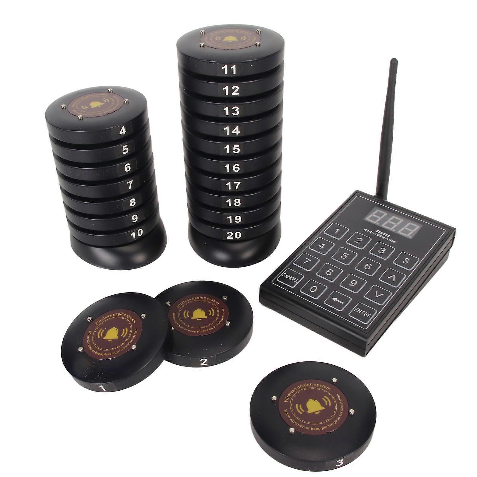 Wireless Guest Paging Queuing System Long Range Paging System with Transmitter and 20 Pagers for Restaurant Hospital Hotel UK Plug 
