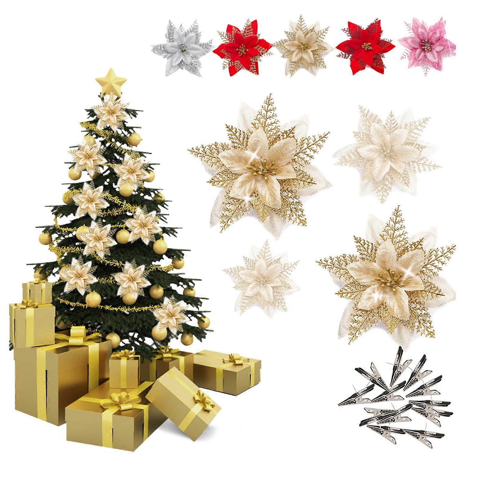 Hesroicy Artificial Flower Exquisite Realistic Simulation Flower Bright-colored Decorative Christmas Glitter Artificial Flowers for Home