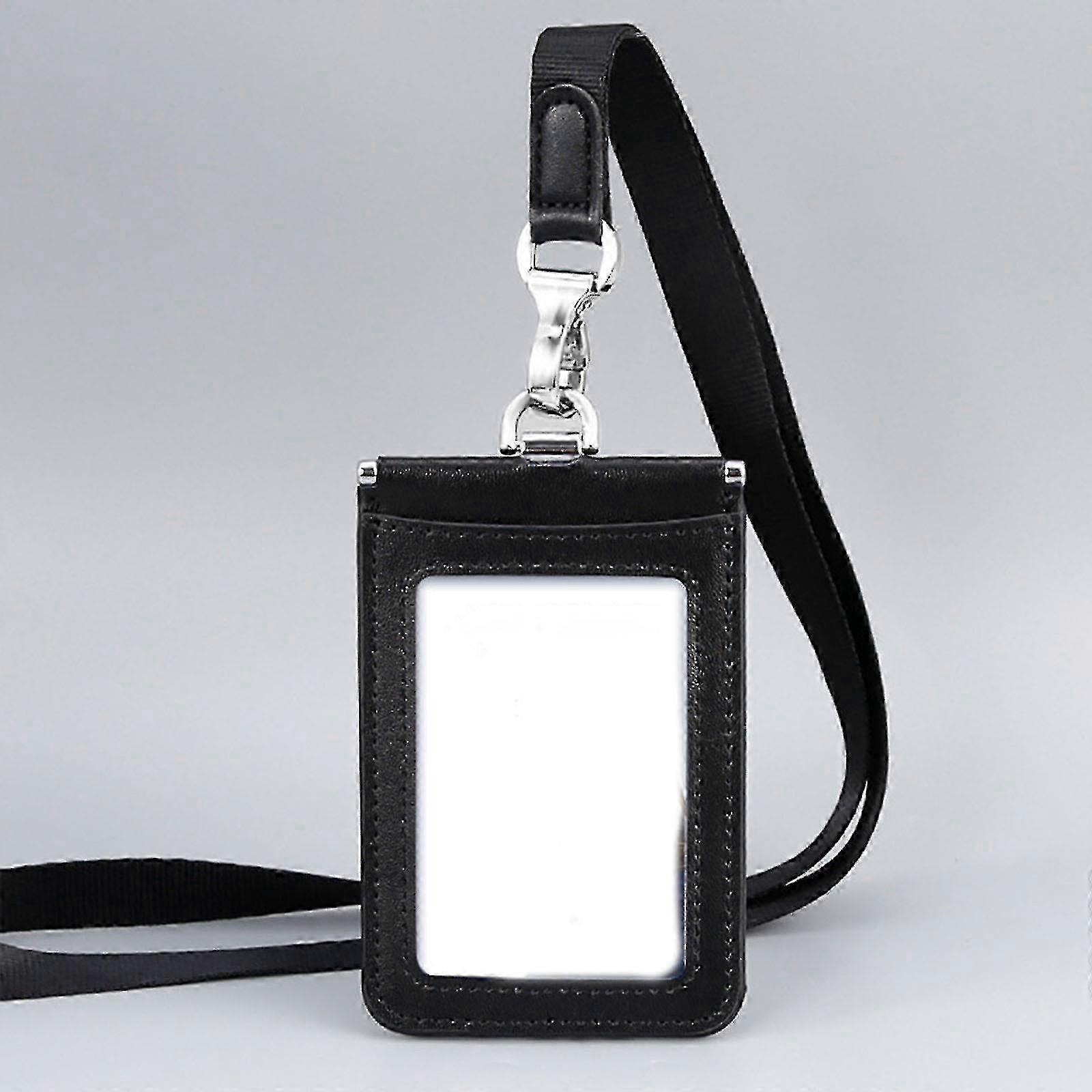 Cordino per badge in pelle con tasca trasparente per ID e slot per carte di credito