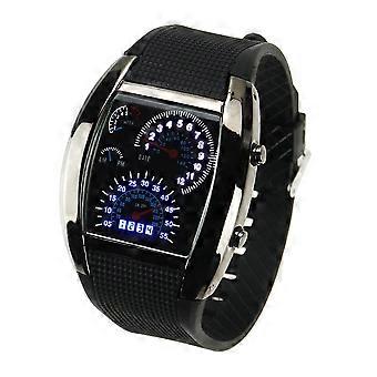HZ4641 Unisex Blau Binär LED Licht Punkt Matrix Auto Meter Zifferblatt Wasserdichte Luftfahrt Armbanduhr mit Datum / Woche (Schwarz)