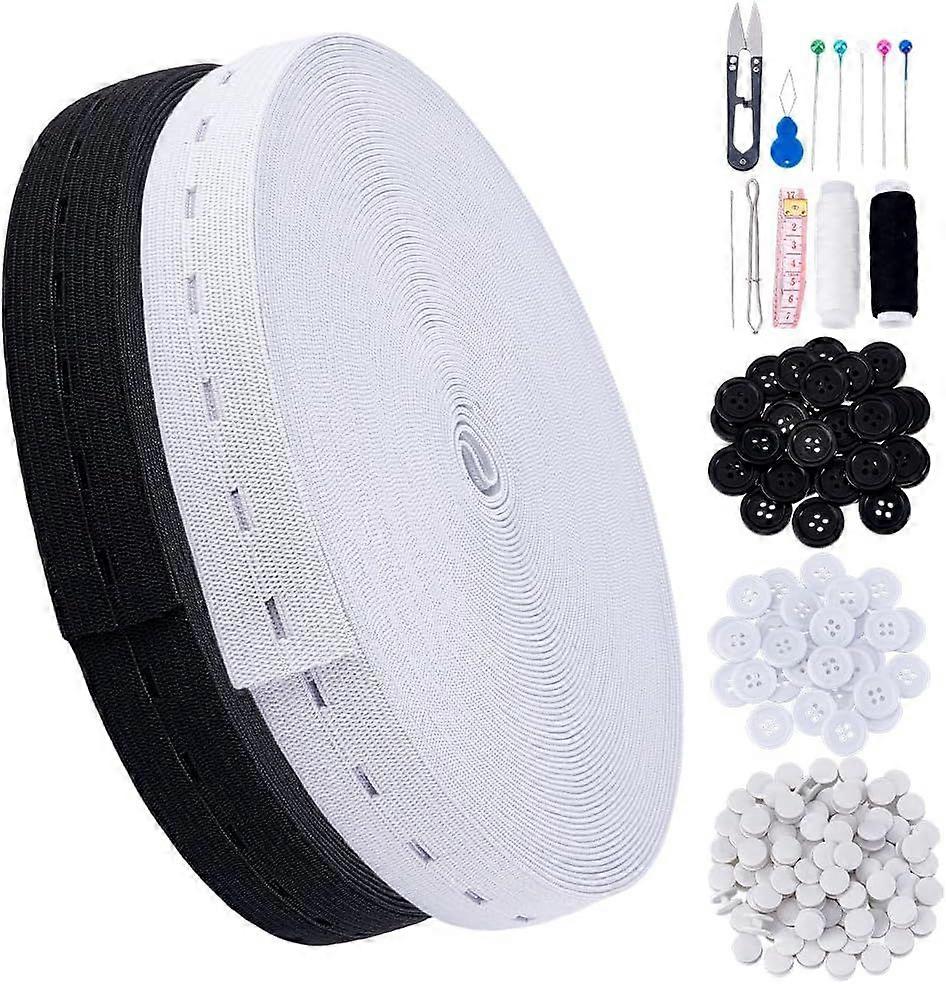 32.8 Yard Elastic Pant Tighteners Elastic with Button Holes Waist Adjusters Elastic Tapes for Binding with Buttons Headpins Threads All in One Sewing 