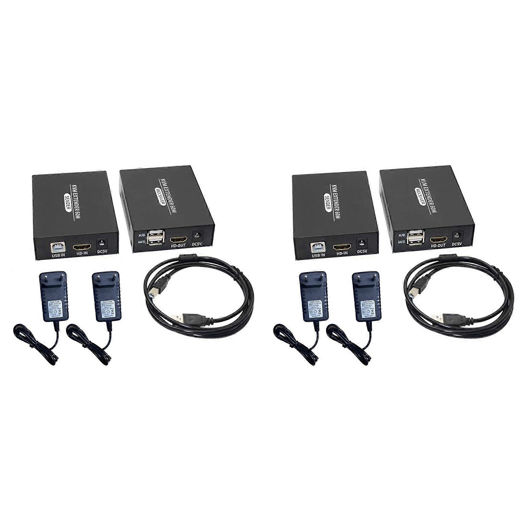 2pcs 60M HDMI-Compatible KVM Extender HDMI-Compatible USB KVM Ethernet Extender Transmitter Receiver EU Plug