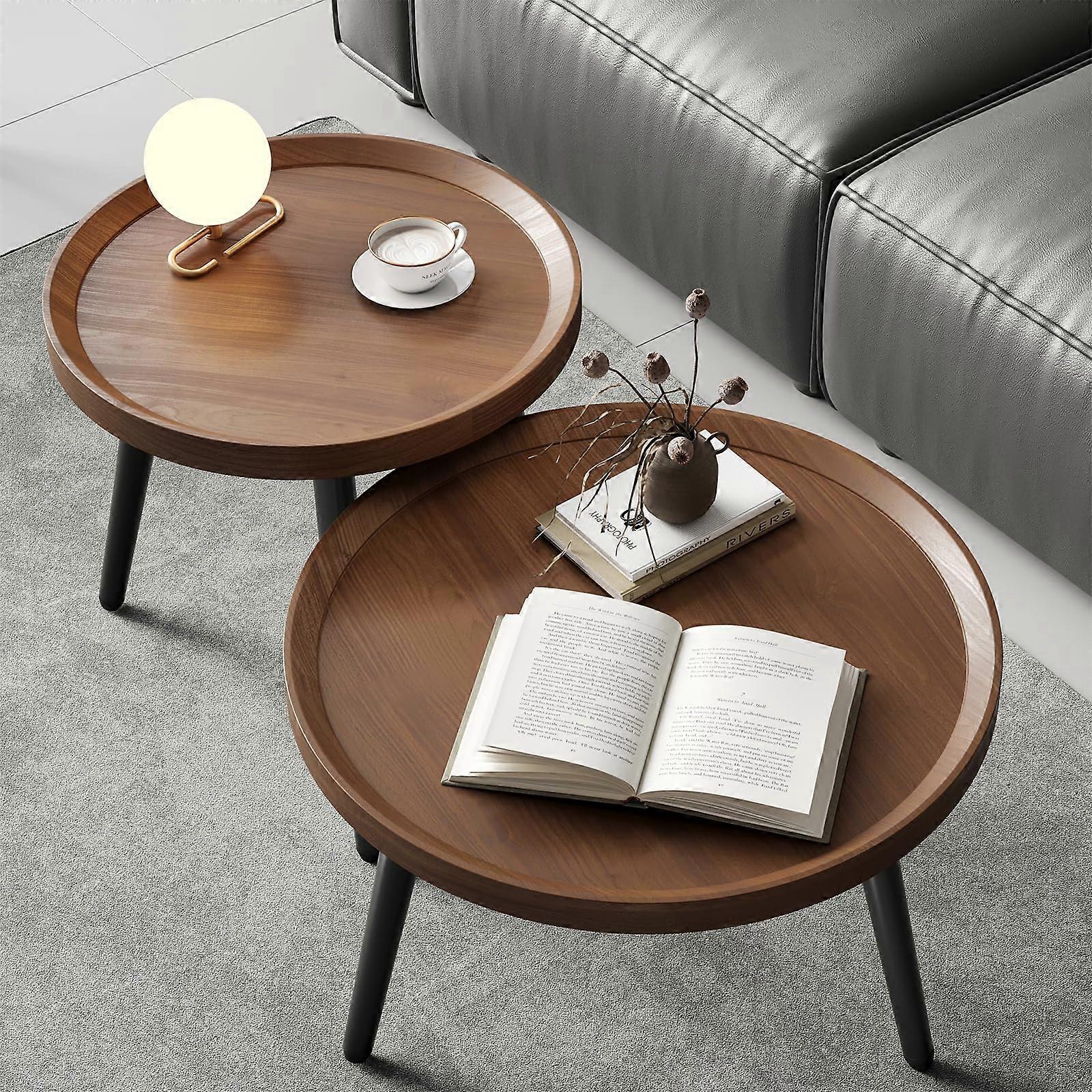 Nesting Coffee Table Set of 2, Mid Century Modern Round Tables, Walnut Finish for Small Spaces