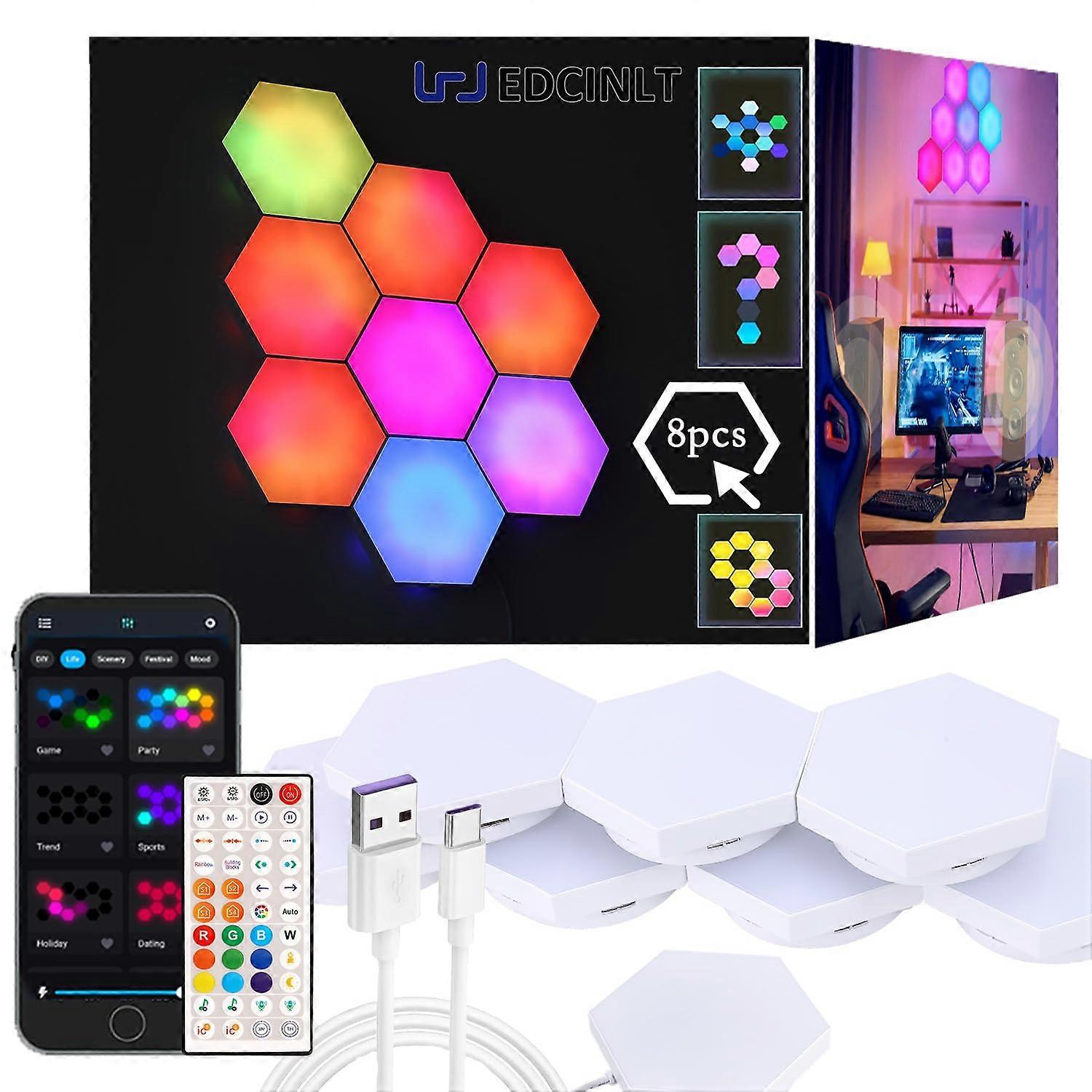 Hexagon LED Wall Lights with Music Sync, Smart RGBIC Light Panels, App Control, 8 Pack for Gaming Room Decor