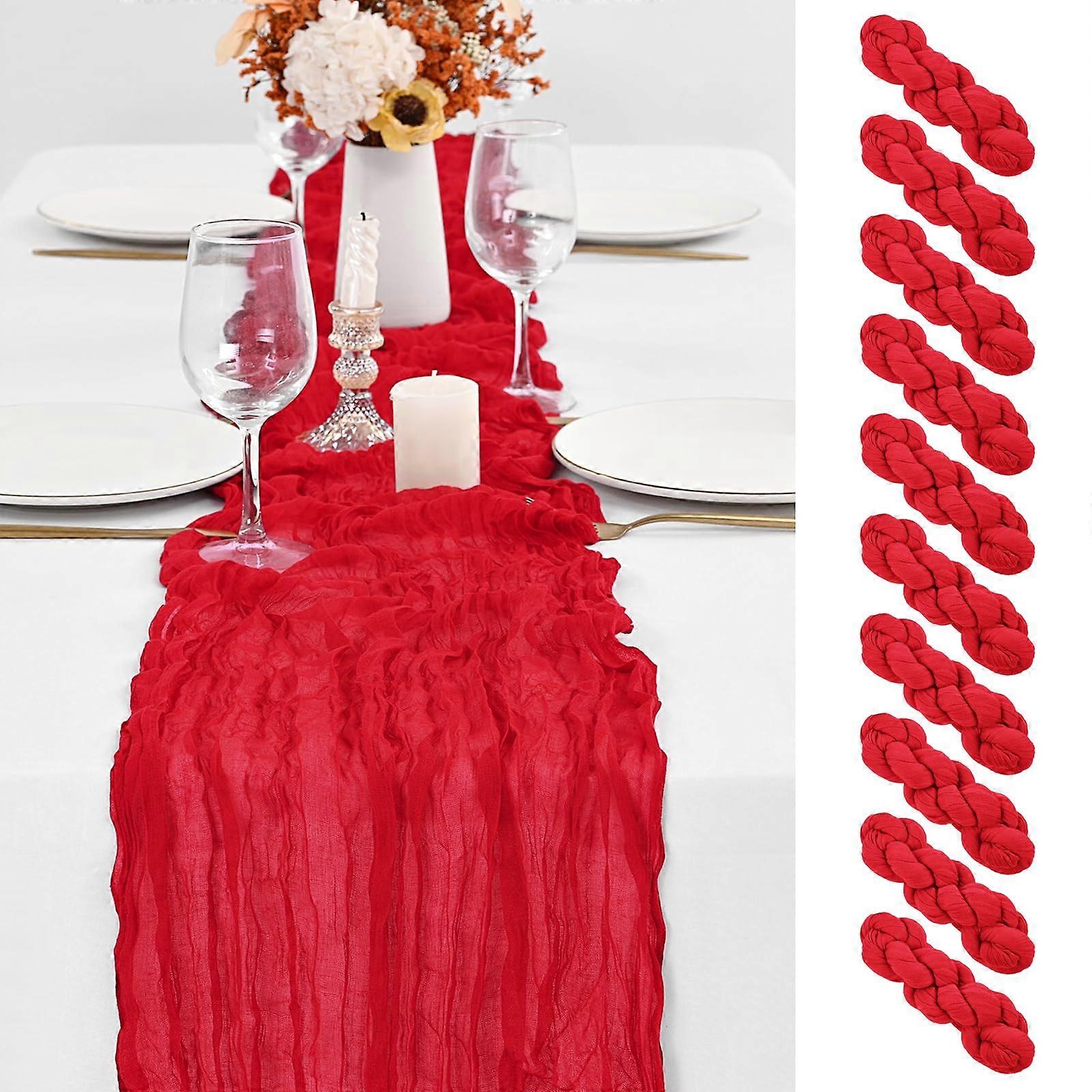 10 Pack Red Cheesecloth Table Runner 10Ft Boho Gauze for Wedding Party with Elegant Wrinkled Texture