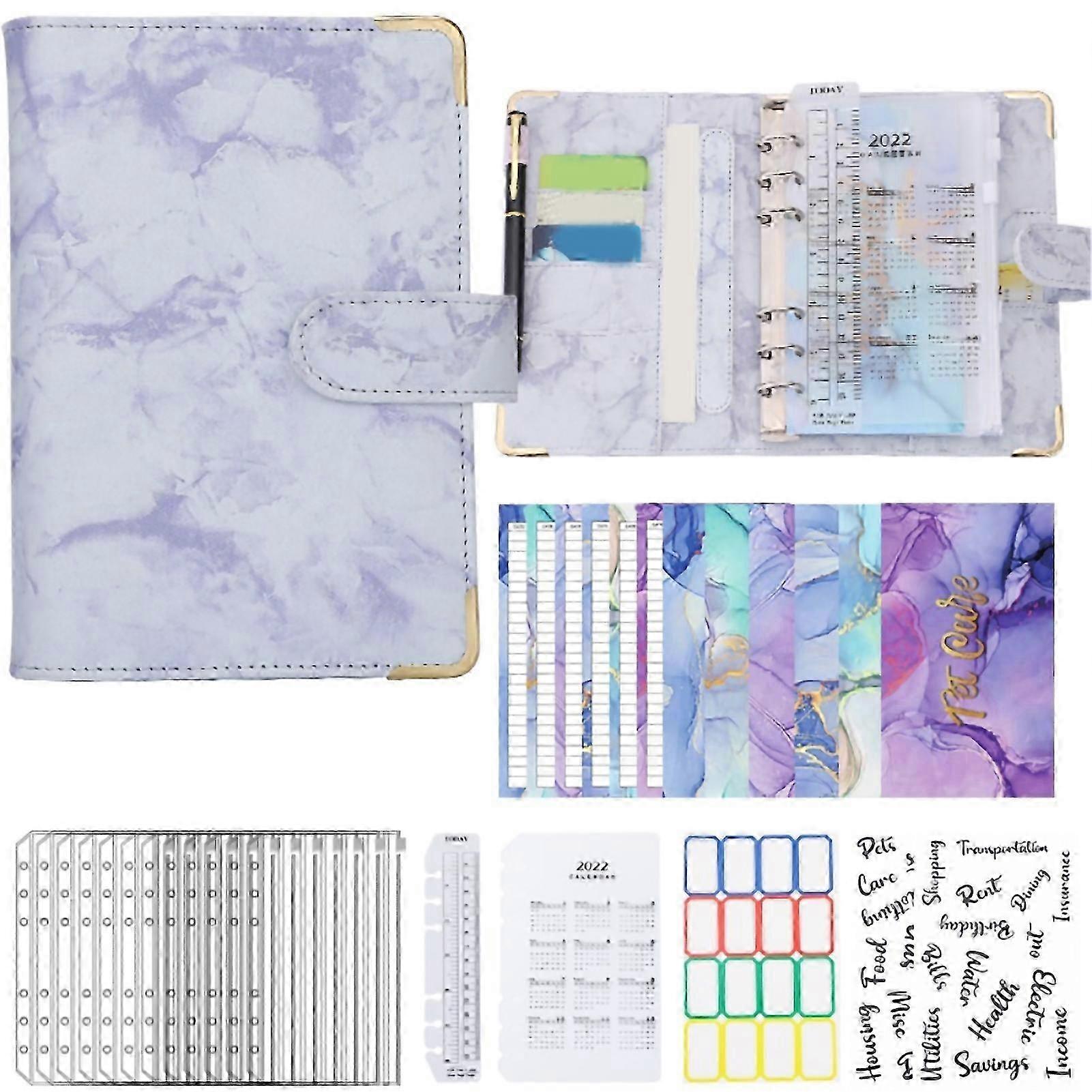 A6 PU Leather Budget A6 Notebook Binder for Budgeting Money Saving Folder Marble Pattern Corner Protector Light Blue 26-27s
