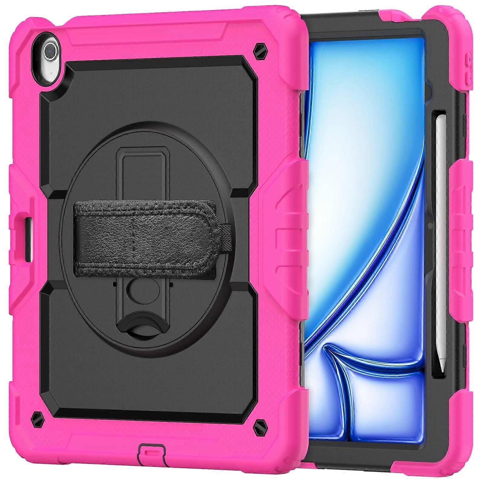 Shockproof Case with Screen Protector, Rotating Kickstand, Shoulder Strap, Rose Red for iPad Air 13 Inch 2024