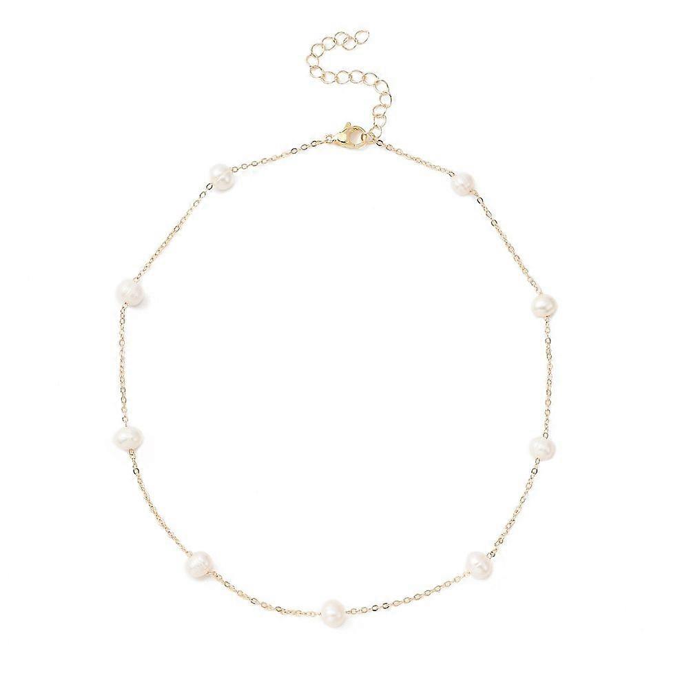 Colar de pérolas naturais com corrente de contas em latão dourado, 40 cm (15,75 polegadas)