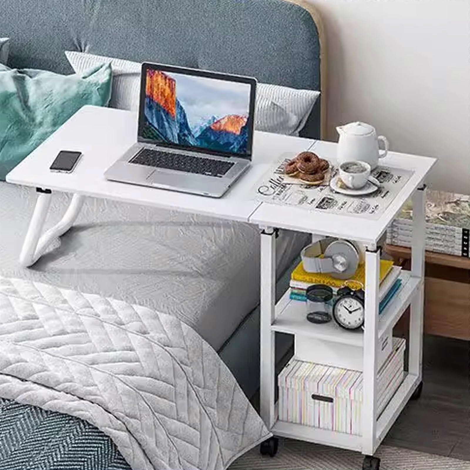 Adjustable Height Overbed Table with Wheels, Foldable Rolling Bed Tray for Eating and Working in Bed