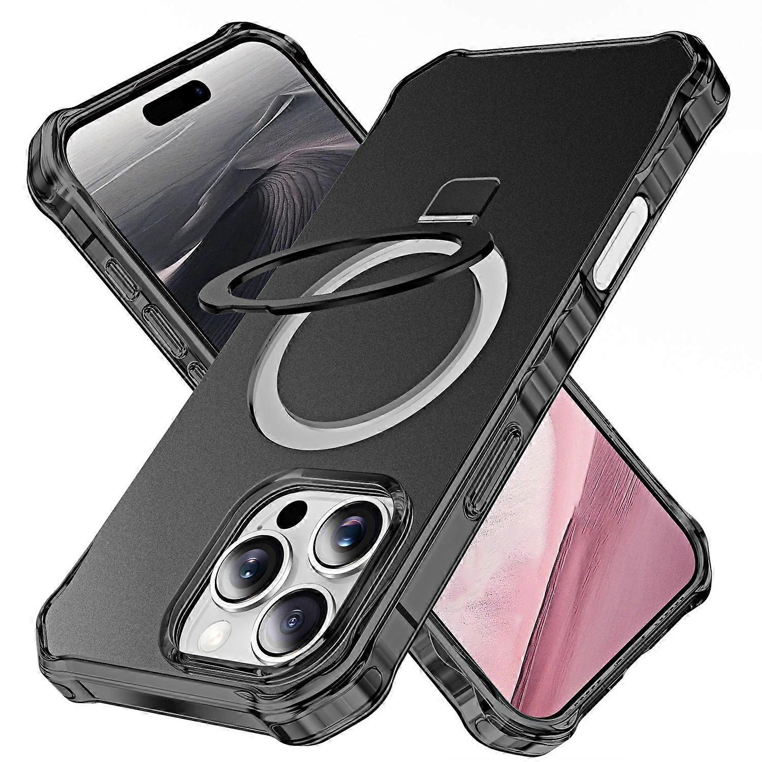 For Apple iPhone 16 Pro Solid Color Wave Design MagSafe Ring Holder Case Black