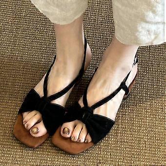 Summer Vintage Woven One-Strap Buckle Sandals Backless Mid-Heel Open Toe Outdoor Sandals