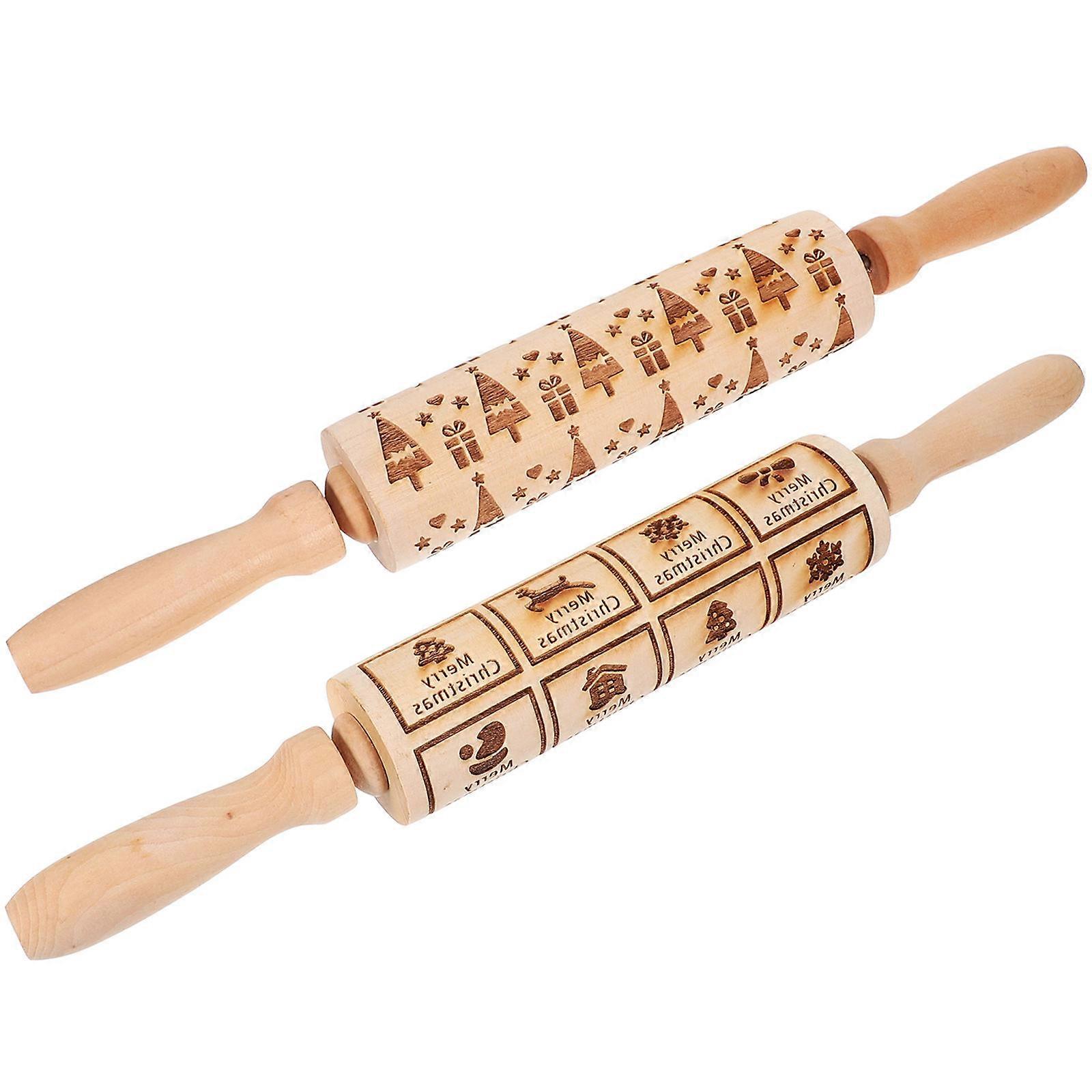 Engraved Wooden Rolling Pin for Baking 2Pcs Xmas Patterned Kitchen Tool
