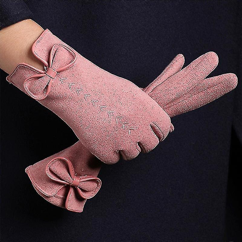 Female Cute Bow Embroidery Thin Section Plus Velvet Touch Screen Driving Gloves