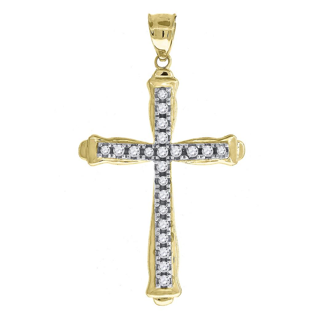 10k Two tone Gold Mens Women Cubic Zirconia CZ Cross Religious Charm Pendant 39.3x22.80mm Necklace for Men