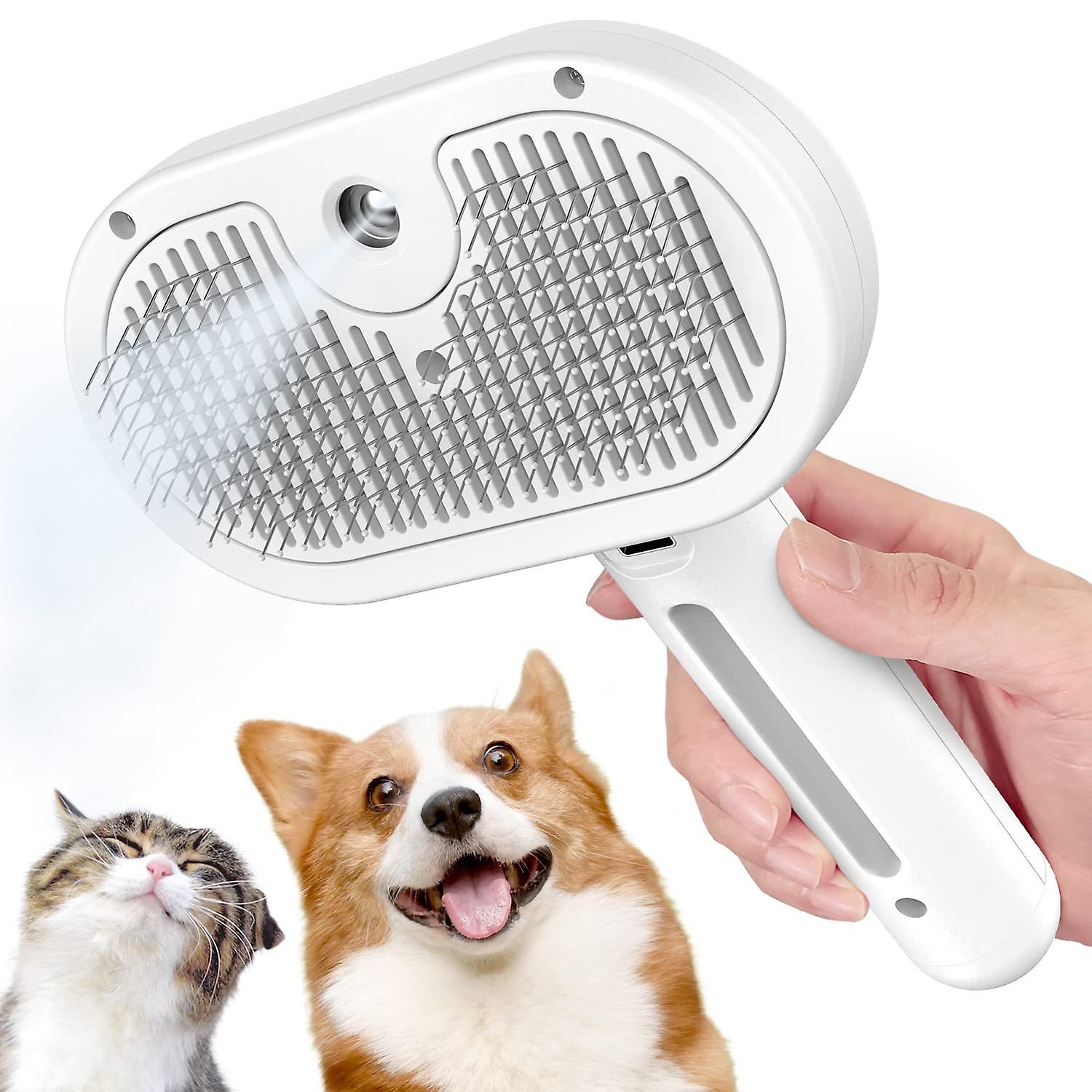 White spray cat brush, remove static hair, pet grooming brush