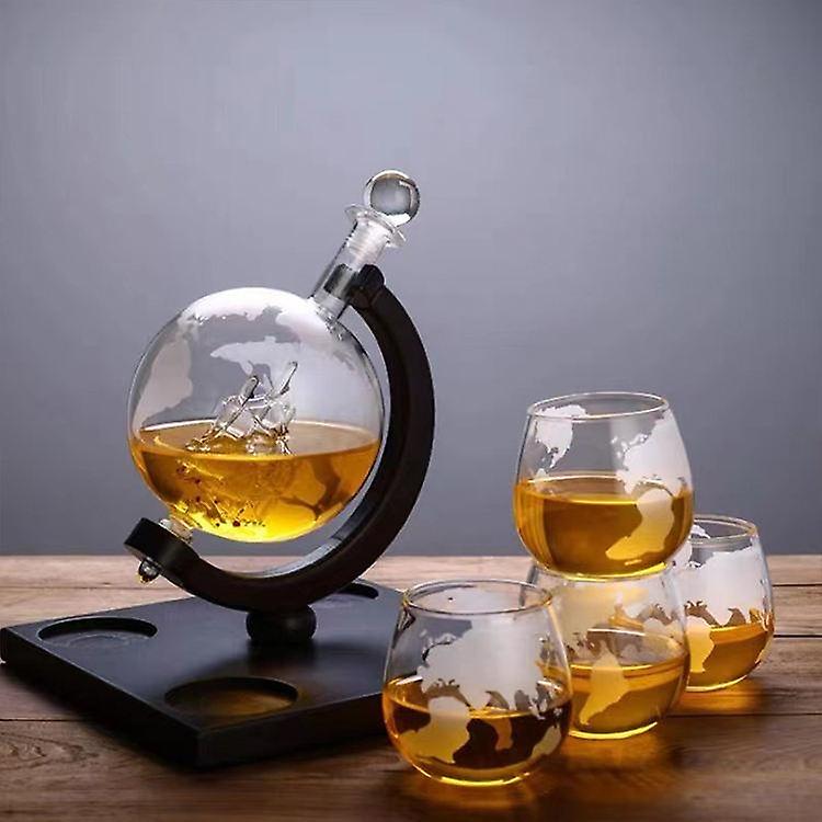 Glass Whiskey Decanter Globe with 4 Piece Glasses and Wooden Base