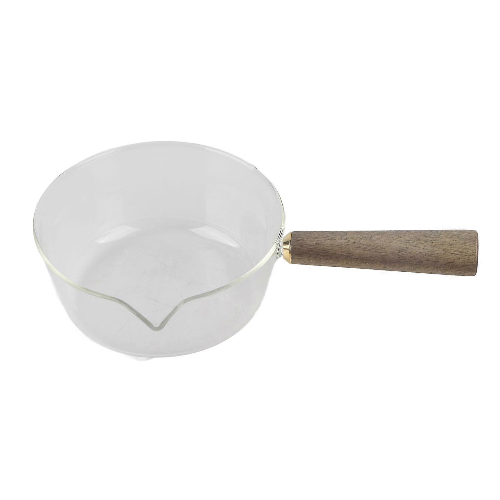 Glass Milk Pot with Wooden Handle V Shaped Spout Noodles Saucepan Home Kitchen Cookware Accessory600ml