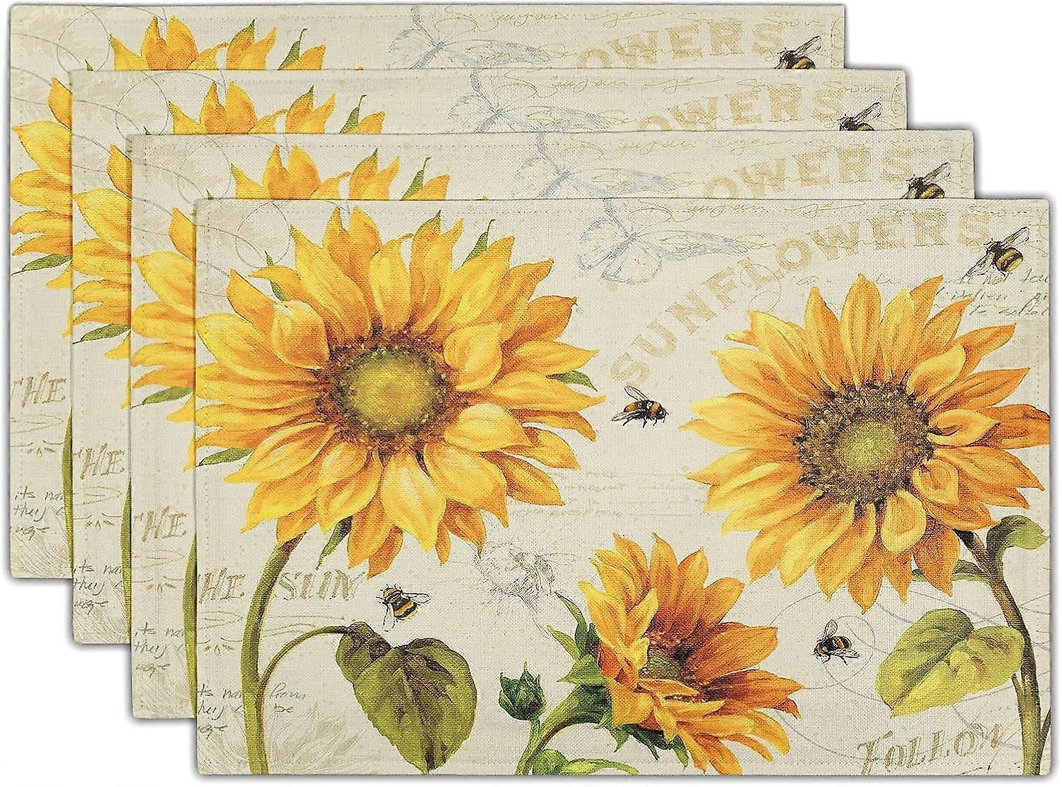 Sunflower Bee Placemats Set of 4, Vintage Floral Table Mats 12 X 18 Inch Heat Resistant Linen Table Placemats Yellow Non-Slip Place Mats for Dining Ki