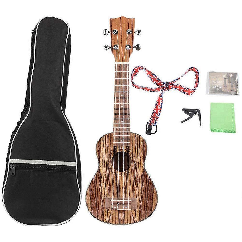 21in Zebrawood Ukulele Set with Strings Capo Strap Cleaning Cloth Musical Instrument