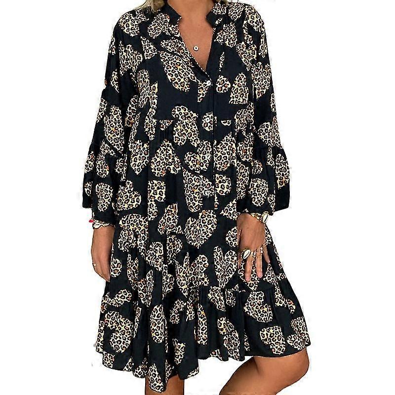 Women Sundress Casual 3/131 Sleeve Button V Neck Dress Boho Loose Baggy Beach Dress