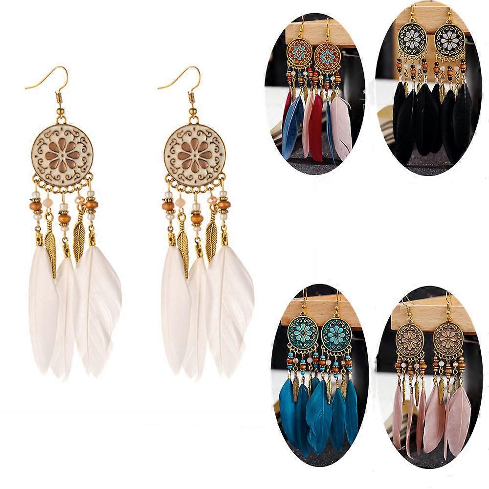 Svart Fjær Øredobber Boho Beaded Øredobber Dame Drop Tassel Øredobber