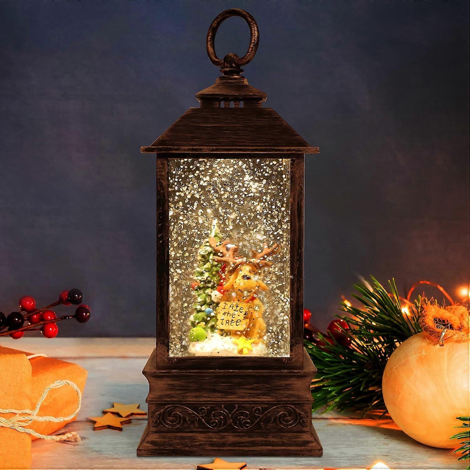 Vous Christmas Lantern with Snow Flurry, Snow Globe Lamp with Dog and Snow Motif (25 x 9 cm), Illuminated Snow Globe with Water and Glitter in Bronze,
