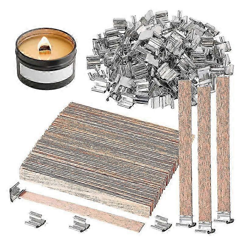 Pacote com 100 pavios de madeira para velas, pavios de madeira de 6 polegadas para velas sem fumaça com clipe de base de metal