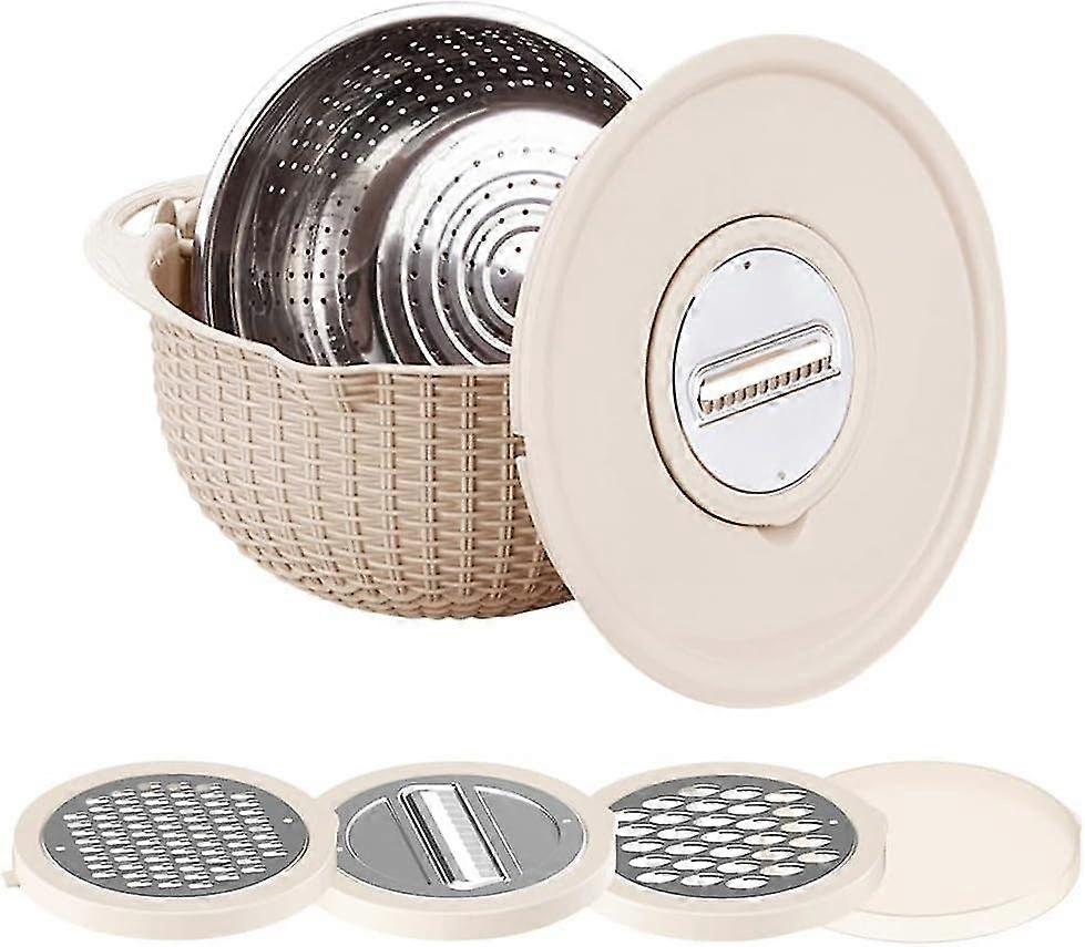 Double-layer Rotatable Colander Bowl Set With Slicer, 4-in-1 Stainless Steel Colander Plastic Washing Basket Mixing Bowl Vegetable Slicer