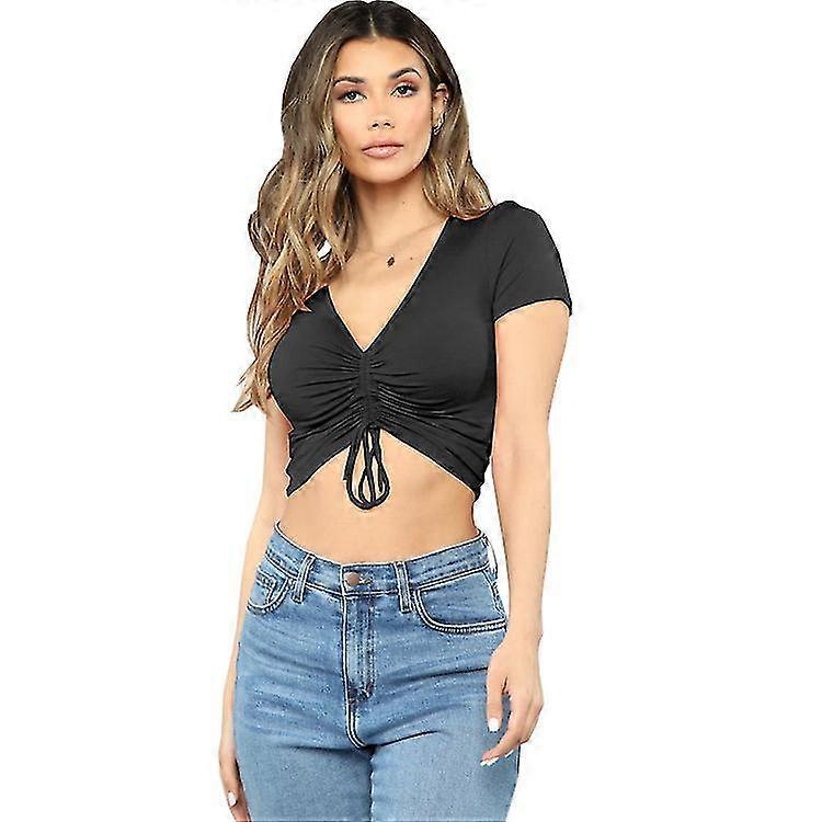 Women's Ruched Drawstring Front V Neck Crop Tee Top Xl