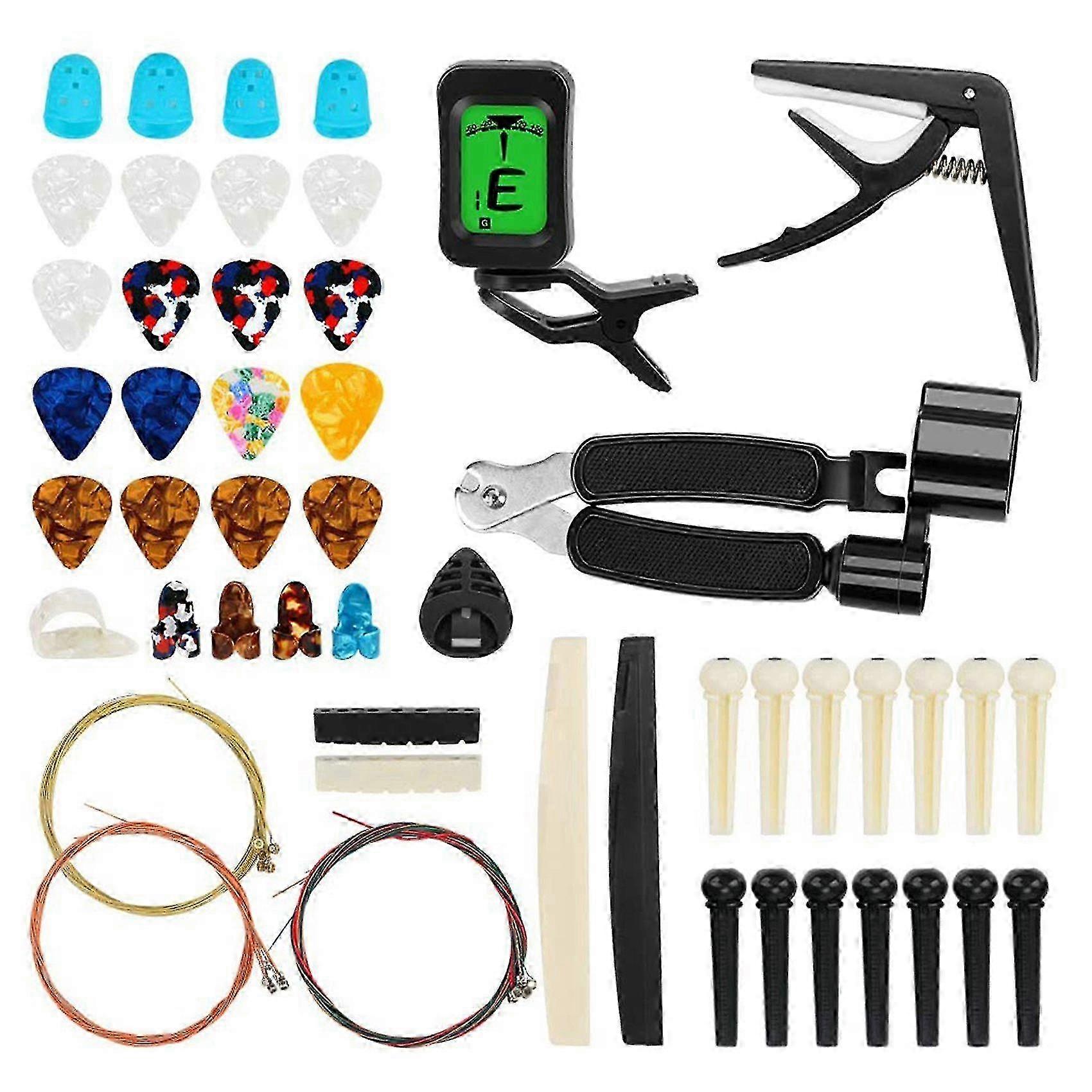 65 PCS Guitar Accessories Kit with Guitar Strings, Tuner, Capo, Picks, Pick Holder, Thumb Finger Pi