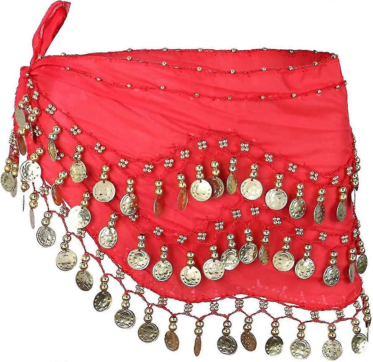 Belly Dance övhullám drapériás arany érme szoknya arany érmével csomagolva sifon drapériás hastánc öv nőknek lányoknak (piros) (1db)