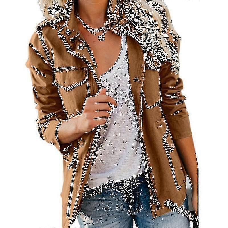 Women Solid Loose Zipper Multi-pocket Jacket