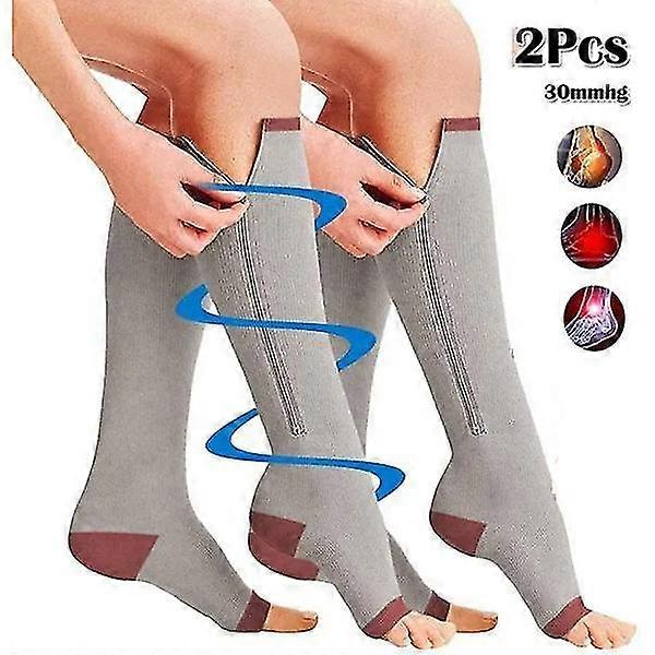 1pair New Zipper Compression Socks Unisex Stretchy Leg Support Open Toe Knee Stockings