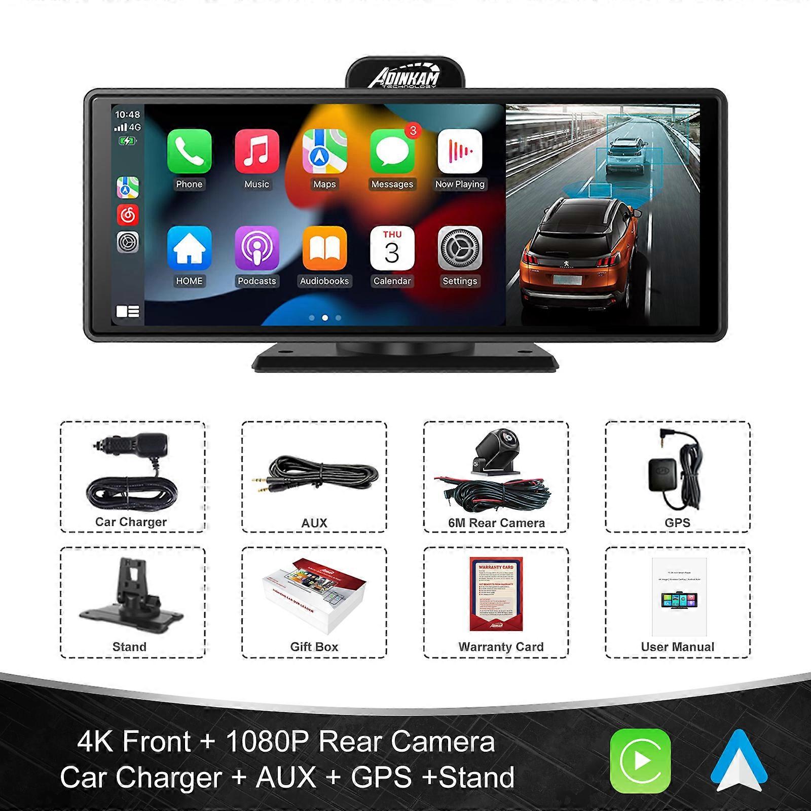 ADINKAM 10.26 Inch Universal USB Carplay Android Auto Dashboard Airplay Miracast 4K Dual Lens Dashcam Support AUX 5G WiFi ADAS