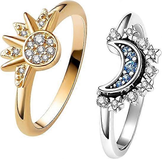 Ensemble de bagues soleil et lune, anneau de soleil étincelant, bague de lune bleue, bague de promesse d’amitié, anneaux célestes empilables, cadeau pour les femmes filles