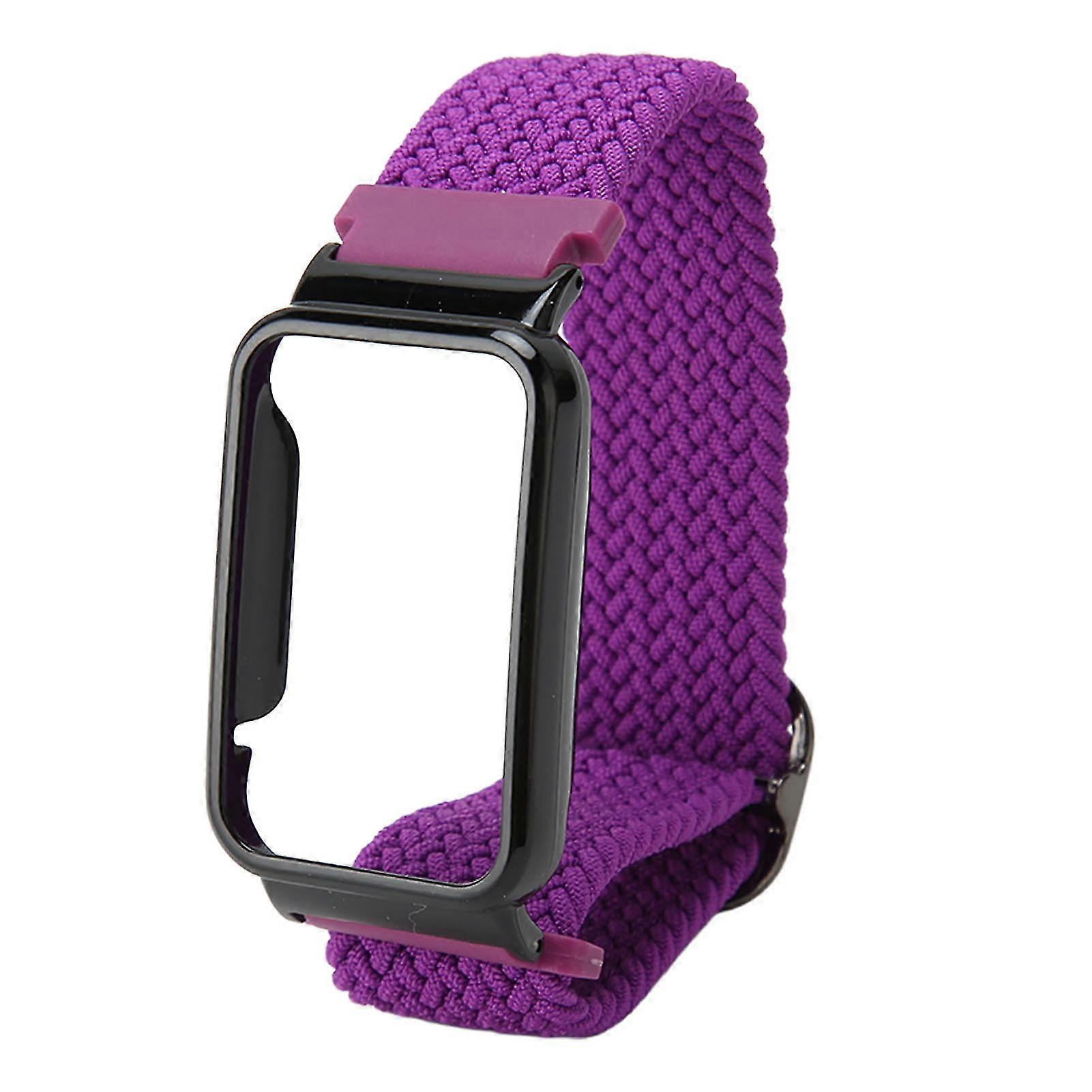 Braided Loop Strap - Adjustable Elastic Nylon Loop Wristband with Protective Frame for Mi Band 7 Pro, Purple Band Black Case