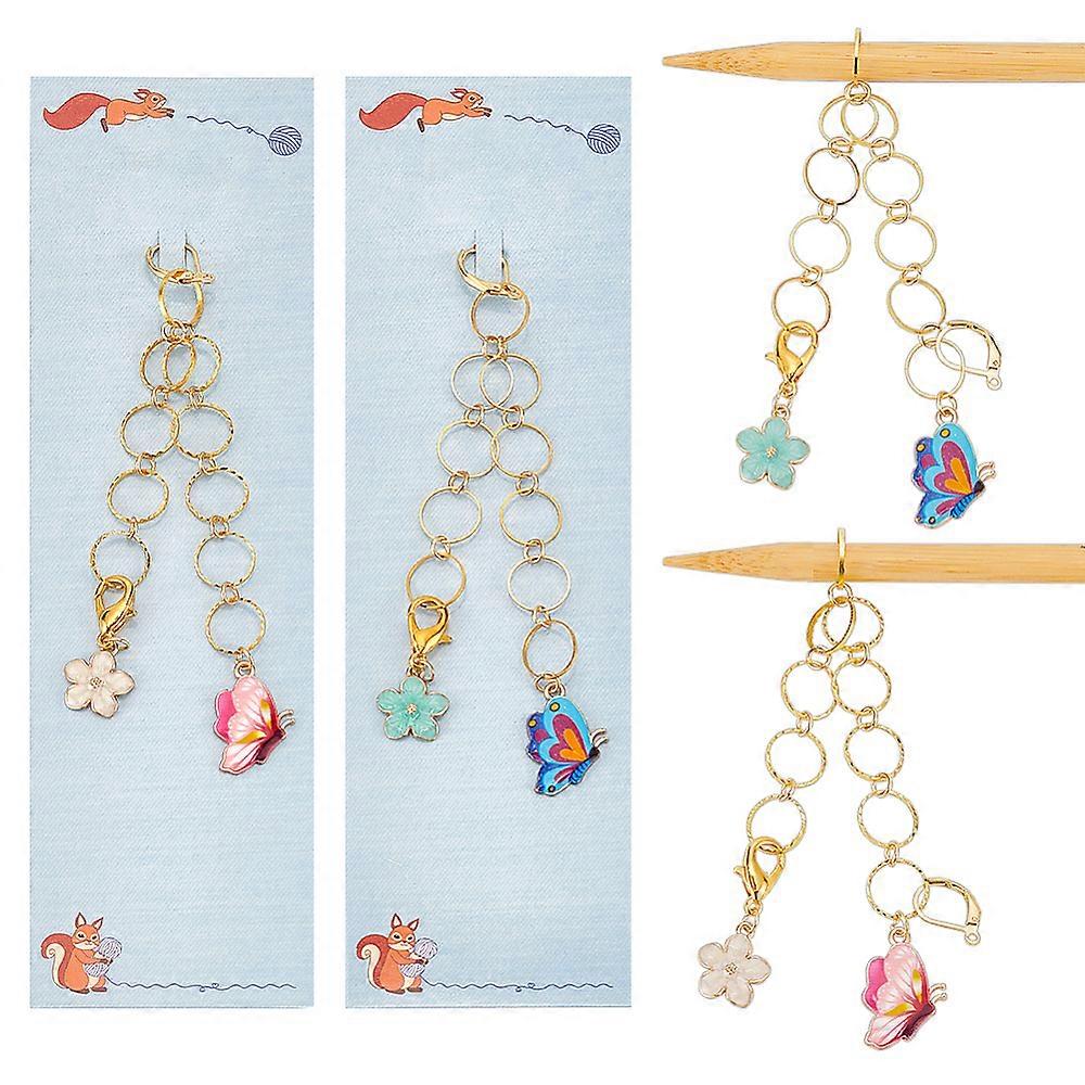 Brass Ring Knitting Row Counter Chains with Alloy Enamel Charm Flower & Butterfly Golden 16.2cm 2pcs/set