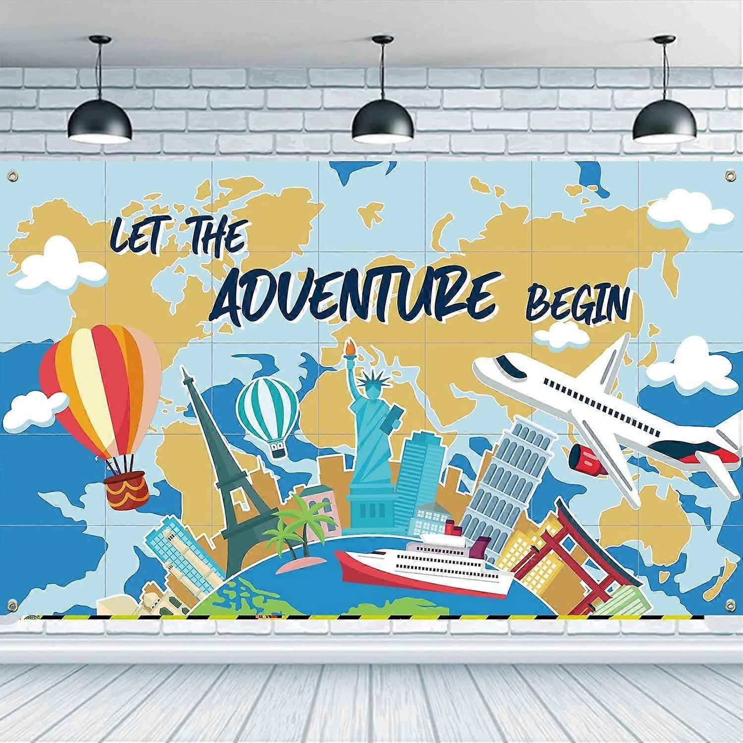Let The Adventure Begin Backdrop 6x3.6ft Travel Themed Photography Backdrop Earth Planes Ships Buildings Pattern Hanging Banner for Birthday Graduatio