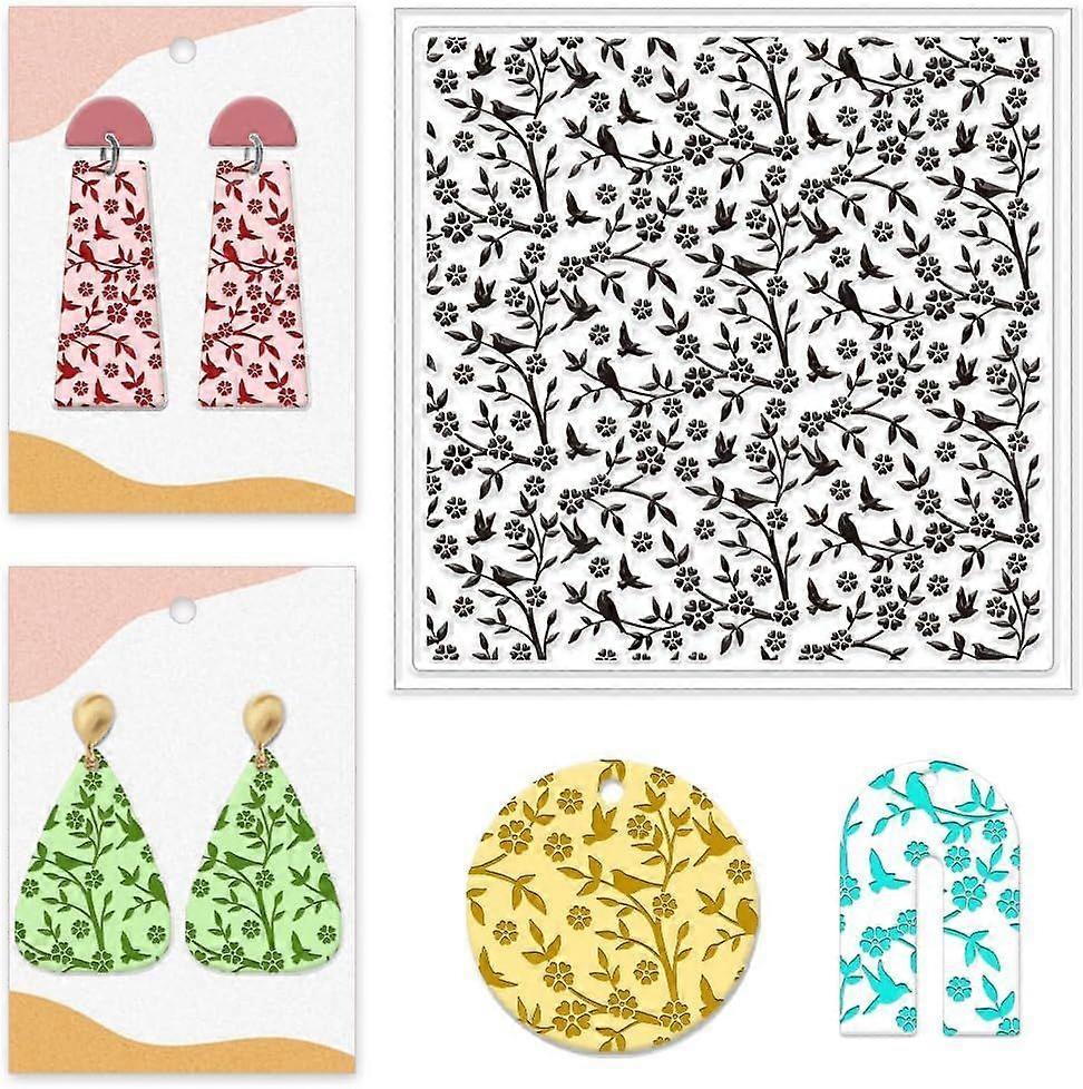 Bird and Flower Silicone Texture Stamp Sheet 5.5x5.5inch Leaf Transparent Clay Texture Stamp Mat Background DIY Clay Texture Pad for Making Earrings a