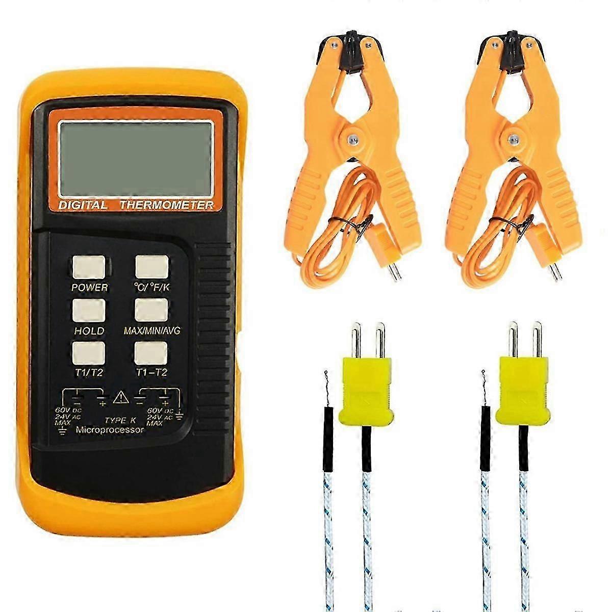 Digital K Type Thermocouple Thermometer(-50-1300C) Dual Channel, 2 Thermometer Pipe Clamp and 2 Sensor Probes